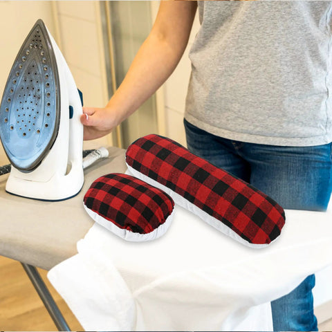 Go To Tailor Pressing Ham And Sleeve Roll Set For Pro Sewists Slick Ironing Cushion With Plush Linen Fill, showing red and black checkered fabric items with iron.