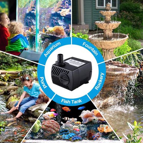 Ultra Quiet Submersible Fountain Pump 80 GPH for Pond or Aquarium with tubing and nozzles for hydroponics and water features