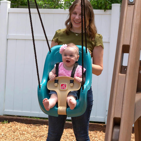 Infant To Toddler Outdoor Swing For Backyard Playset With Bucket Style Seat And Safe Harness, Weather Resistant Rope And Easy Buckle