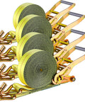 Heavy Duty Badass Ratchet Straps 4 Pack 2 Inch Wide By 27 Feet Long With Double J Hooks, featuring yellow straps and metal hooks.