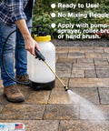Person applying Premium Natural Stone And Patio Sealer For Concrete Slabs And Brick Walls Water Based Clear Repellent with sprayer.