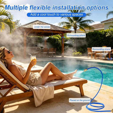 Standing Outdoor Hose Misting Cooling System With Portable Water Mister And Brass Nozzles set up by a poolside patio