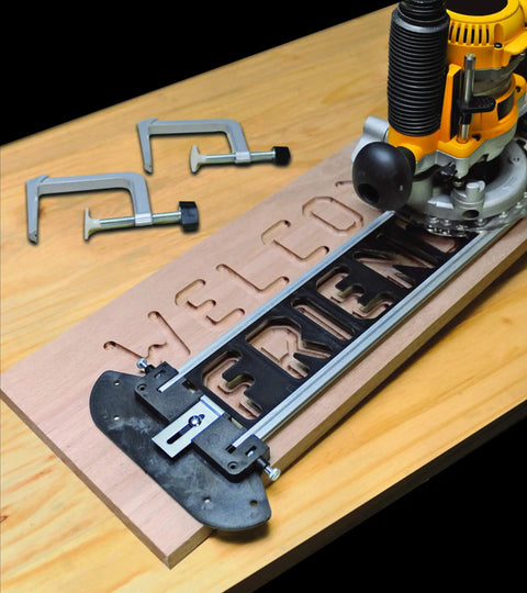 Sign Making Router Kit With 2.5 Inch And 1.5 Inch Horizontal Letters And 1.5 Inch And 2.5 Inch Vertical Numbers, router on wooden board