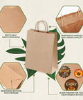 100 Pack Kraft Paper Gift Bags With Handles, Medium Brown 8x4.25x10.25 Inch Recycled Kraft Bags For Party Favors, Holidays, Goodie Bags, Groceries And Everyday Haul, Bulk. Features shown include reinforced handles and bottom, blank surface for decoration, and recyclable material.