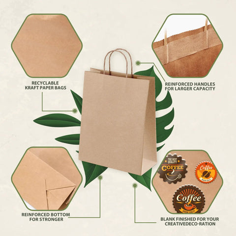 100 Pack Kraft Paper Gift Bags With Handles, Medium Brown 8x4.25x10.25 Inch Recycled Kraft Bags For Party Favors, Holidays, Goodie Bags, Groceries And Everyday Haul, Bulk. Features shown include reinforced handles and bottom, blank surface for decoration, and recyclable material.