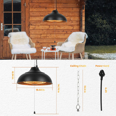 Ceiling Mounted 1500W Patio Heater For Outdoor Spaces, 3S Instant Heat, Three Power Modes 600W, 900W And 1500W, Quiet Operation shown.