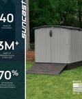 138 Cu Ft Horizontal Outdoor Storage Shed With Glidetop Sliding Lid Weatherproof Resin Shed With Floor For Bikes Motorcycles And Lawn Mower Heavy Duty Easy Access Made In The USA against a green lawn