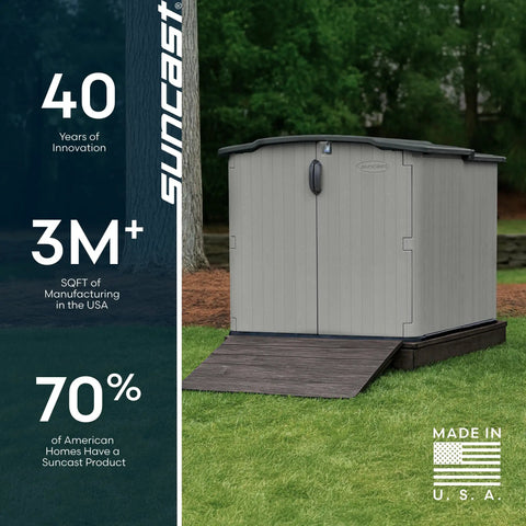 138 Cu Ft Horizontal Outdoor Storage Shed With Glidetop Sliding Lid Weatherproof Resin Shed With Floor For Bikes Motorcycles And Lawn Mower Heavy Duty Easy Access Made In The USA against a green lawn