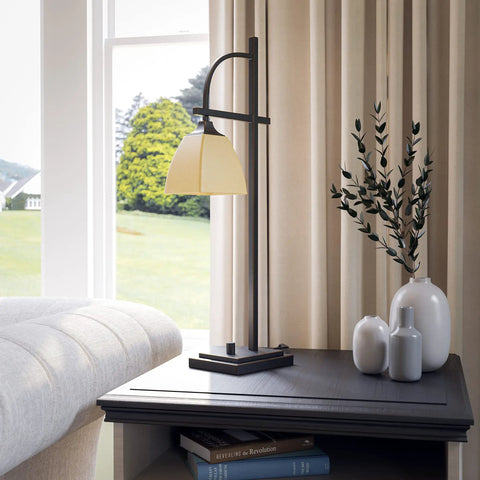 Oil Rubbed Bronze Arch Table Lamp For Home Office Urban Industrial Desk Light With Glass Shade 28 Inch Tall 11 Inch Reach On Off Base Switch Uses One 100W Bulb Perfect Reading Light And Modern Accent Piece on a desk with decor