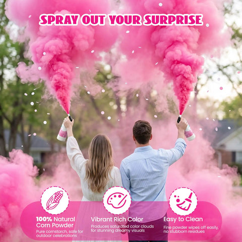 Epic Gender Reveal Fire Extinguisher Kit Featuring Biodegradable Pink And Blue Cornstarch Powder For Massive Baby Shower Blowouts, pink smoke cloud.