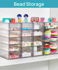 Clear organizer with 16 drawers filled with colorful beads and craft items, showing use for jewelry and supply storage.