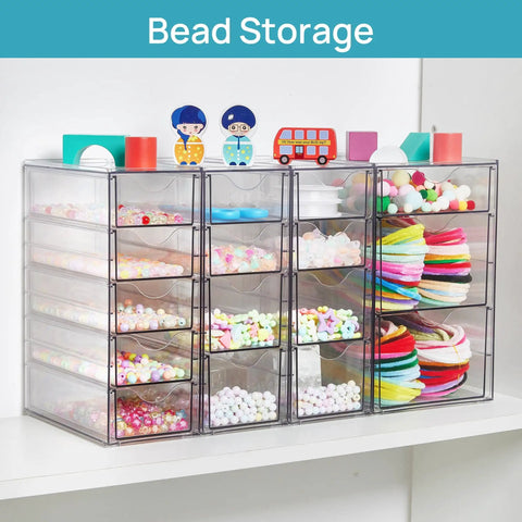 Clear organizer with 16 drawers filled with colorful beads and craft items, showing use for jewelry and supply storage.