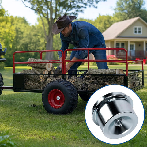Rustproof Axle Grease Caps 2 Pack With Galvanized Surface, 1.98 Inch Dust Cap For 2000-3500 Lb Trailer Axles, heavy-duty use shown with a trailer