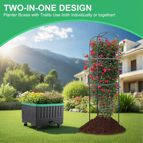 Raised Garden Bed With Self Watering Planter Box And Trellis For Climbing Plants showcasing two-in-one design in a yard