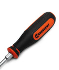 Black and orange handle of Two Piece Dual Material Screwdriver Set With Phillips Two By Four Inches And Slotted One Quarter By Four Inches Durable Ergonomic Grips Handy For Home DIY Projects And Everyday Fixes.
