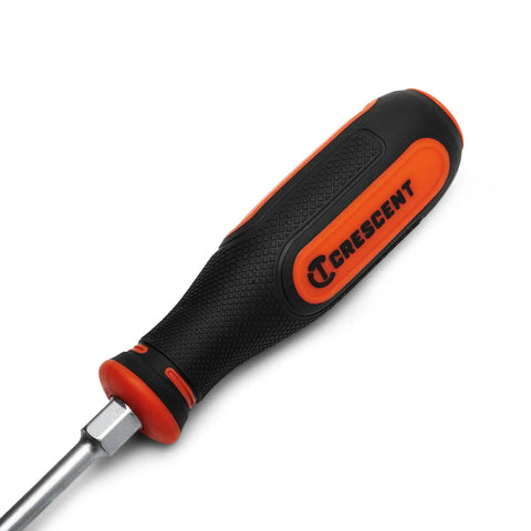 Black and orange handle of Two Piece Dual Material Screwdriver Set With Phillips Two By Four Inches And Slotted One Quarter By Four Inches Durable Ergonomic Grips Handy For Home DIY Projects And Everyday Fixes.