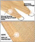 Close-up of Desert Sand 20x20 Sun Shade Sail Square Waterproof Outdoor Canopy With UV Protection For Patio Garden Backyard Deck And Poolside Breathable HDPE Shade To Cut Heat And Block 95 Percent UV Rays, showcasing steel D-rings and HDPE fabric.