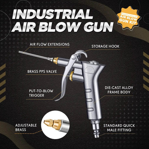 Illustration of Industrial Air Blow Gun Kit with brass nozzle, extensions, and storage hook for car maintenance and workshops.