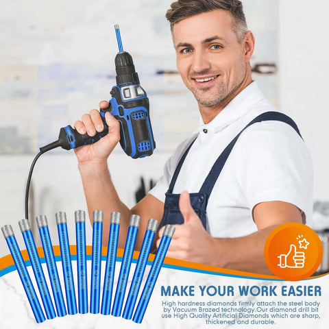Amazon Dry Diamond Drill Bits Set, 10 pcs, 1/4in shank; blue diamond-coated bits for granite, marble, tile