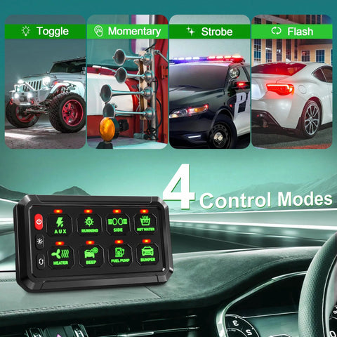 Green 8 Gang Switch Panel With Momentary On Off Touch Switches, auxiliary control box for 12V vehicles, shown in use inside a car