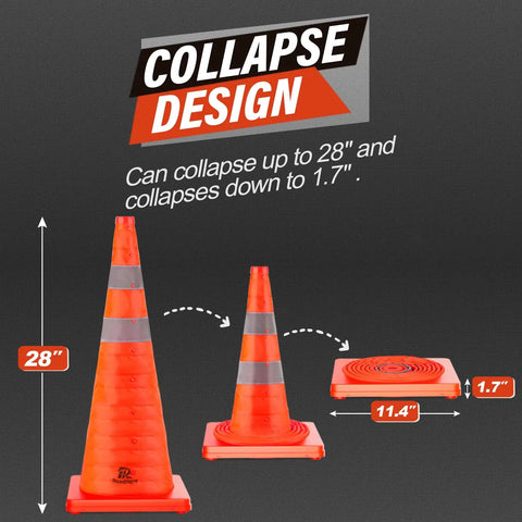 28 Inch Collapsible Traffic Safety Cones Pack Of 4 With Reflective Collar showing collapse design and dimensions