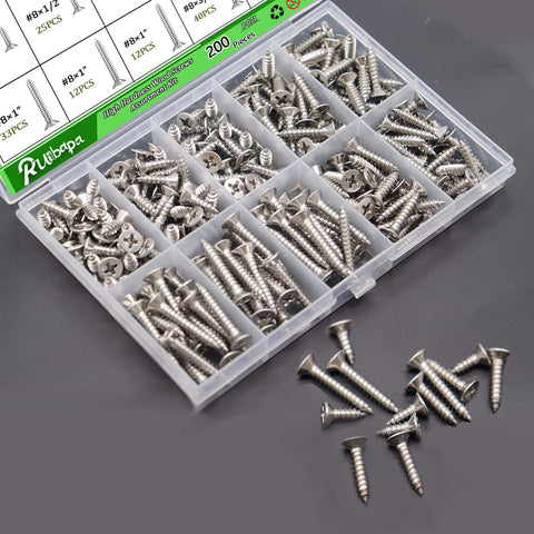 200 Piece Stainless Steel Wood And Sheet Metal Screws Set With Three Sizes Eight By One Half Inch Eight By Three Quarters Inch And Eight By One Inch Phillips Flat Head Drive For Wood Gypsum Board Plastic DIY Projects