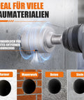 Close-up of 32 Piece Concrete Hole Saw Kit with 3 Drill Bits and SDS Plus drilling into concrete wall