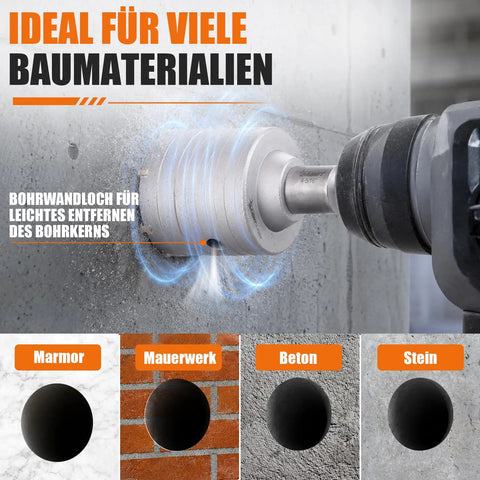 Close-up of 32 Piece Concrete Hole Saw Kit with 3 Drill Bits and SDS Plus drilling into concrete wall