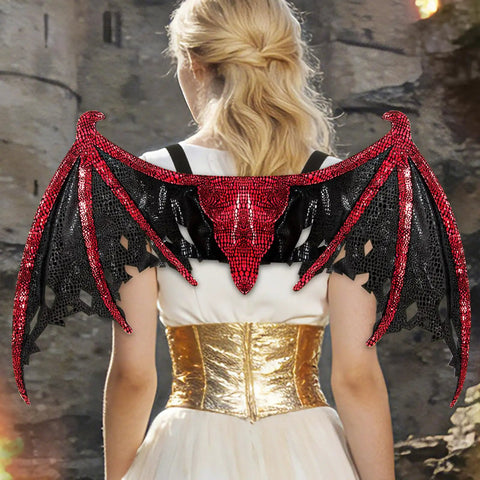 Back view of person wearing red and black dragon wings in castle setting, Gold Dragon Wing Cosplay Prop For Stage Performances Lightweight Polyester Costume Accessory For Halloween Parties And Rehearsals Reusable Dragon Wings That Add Instant Epic Flair To Any Outfit