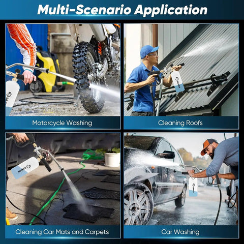 Multi-scenario use of Foam Cannon Dual Connector Accessory For Pressure Washer Kit with dual connector and adjustable nozzles.