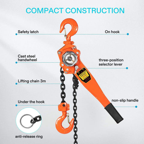 Lever Chain Hoist 3/4 Ton 1650 Lbs Capacity 10 Feet With 2 Heavy Duty Hooks Durable Alloy Steel Construction shown close-up