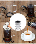 Collage showing Six Pack French Press Replacement Filters 4 Inch Stainless Steel Mesh Screens in use with a glass French press.