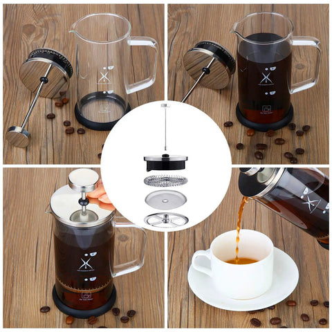 Collage showing Six Pack French Press Replacement Filters 4 Inch Stainless Steel Mesh Screens in use with a glass French press.