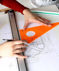 Fluorescent Professional Acrylic Drafting Triangle 45 90 Degree 12 Inch Pro Grade Multi Tool For Drafting Design Architecture Machining And Woodworking Clear Durable Easy Lift And Handling, orange on blueprint