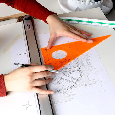 Fluorescent Professional Acrylic Drafting Triangle 45 90 Degree 12 Inch Pro Grade Multi Tool For Drafting Design Architecture Machining And Woodworking Clear Durable Easy Lift And Handling, orange on blueprint