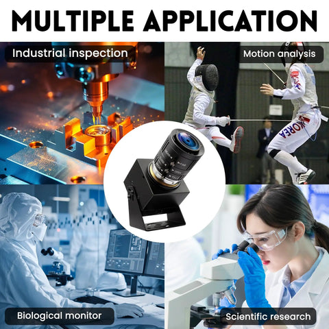 USB Camera With 120fps High Speed 4K 12MP Golf Swing Camera 3X Manual Optical Zoom Lens shown in various applications like industrial inspection and scientific research.