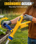 Man using cordless garden tiller with ergonomic handle, demonstrating adjustable 180° design for ease in soil cultivation.