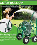Heavy Duty Garden Hose Reel Cart With Four Wheels Holds Up To 300 Feet Of Five Eighths Inch Hose Powder Coated Steel With Storage Basket in use