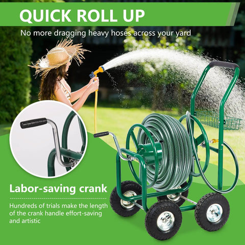 Heavy Duty Garden Hose Reel Cart With Four Wheels Holds Up To 300 Feet Of Five Eighths Inch Hose Powder Coated Steel With Storage Basket in use