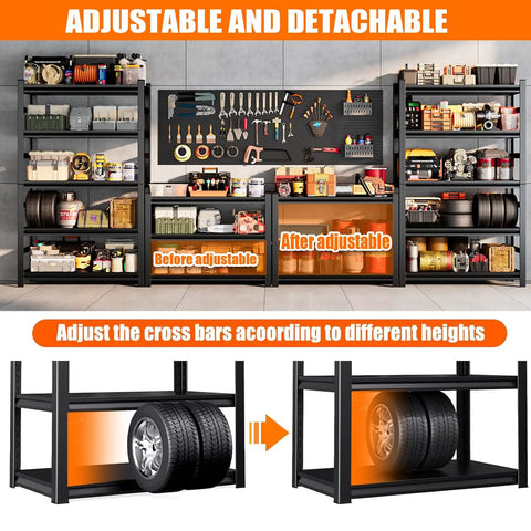Heavy Duty Garage Shelving System With 3000 Lbs Total Capacity, beefy adjustable metal storage racks for tools bins and gear