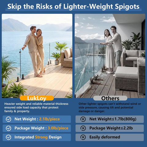 Comparison of heavier stainless steel spigots and lighter alternatives for glass railings on outdoor decks.