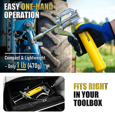 Mini Grease Gun Kit With 4500 PSI Power in use on machinery, showcasing lightweight one-hand operation and compact size for toolbox fit.