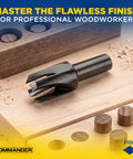 Pro Level Tapered Plug Cutter Drill Bit With A Badass Four Flute Design For Nail The Fit Wood Joinery And Clean Cabinetry Finishing Projects Done Right Furniture Build And Quick Cabinet Repair on wooden surface with circular wood plugs.