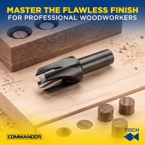 Pro Level Tapered Plug Cutter Drill Bit With A Badass Four Flute Design For Nail The Fit Wood Joinery And Clean Cabinetry Finishing Projects Done Right Furniture Build And Quick Cabinet Repair on wooden surface with circular wood plugs.