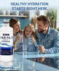 Family drinking water with Two Pack Fridge Water Filter Replacement For Samsung RF Series Refrigerators With Advanced Multi Stage Filtration Reducing Lead And Chlorine Taste And Odor Fits RF23BB8600QLAA RF30BB6600QLAA RF30BB660012AA RF30BB6200QLAA