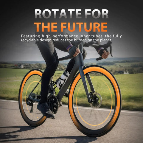 Cyclist on road with bike featuring Two Pack Ultralight TPU Bike Inner Tubes 700C 18 32C Fits Road And Gravel Bikes