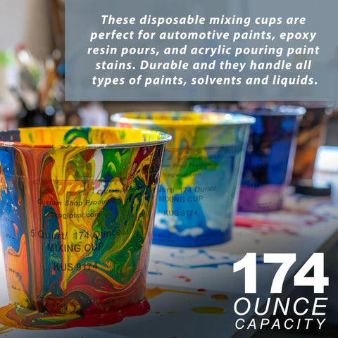 5 Quart Plastic Mixing Cups Set, 12 Pack For Paint, Automotive Coatings, Epoxy Resin, Acrylic Arts And Crafts displayed with colorful paints
