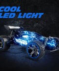 Durable And Rugged 1:18 Scale 2WD RC Car For Kids With LED Lights USB C Charging shown with glowing blue LED lights.