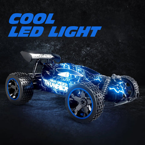 Durable And Rugged 1:18 Scale 2WD RC Car For Kids With LED Lights USB C Charging shown with glowing blue LED lights.
