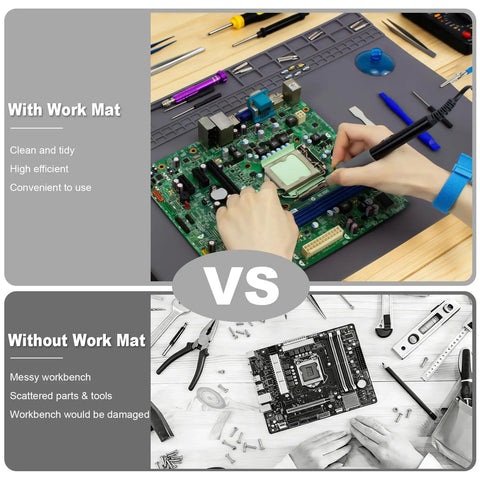 Comparison of electronics repair with and without Extra Large 23.7x13.8 Inch Soldering Mat With ESD Wrist Strap Kit, showcasing tidiness and safety.